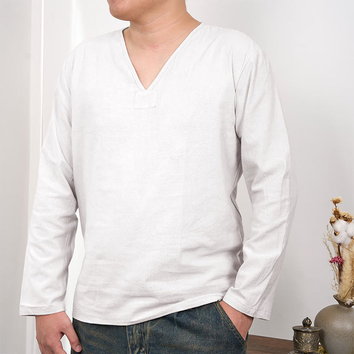 T-shirt homme en coton et lin à manches longues et col en V de couleur unie Buddha Stones