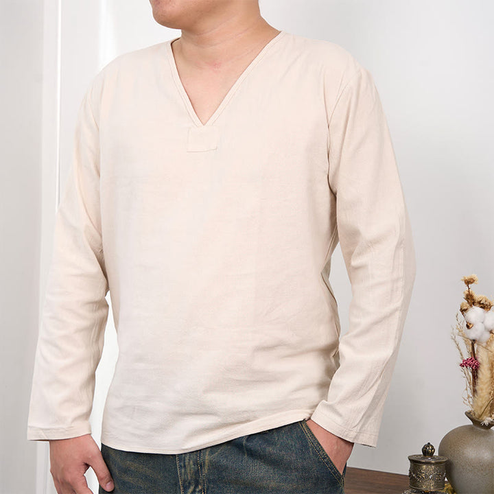 T-shirt homme en coton et lin à manches longues et col en V de couleur unie Buddha Stones