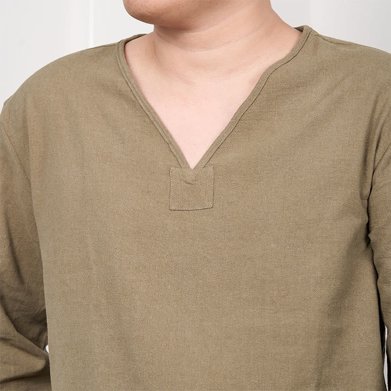 T-shirt homme en coton et lin à manches longues et col en V de couleur unie Buddha Stones