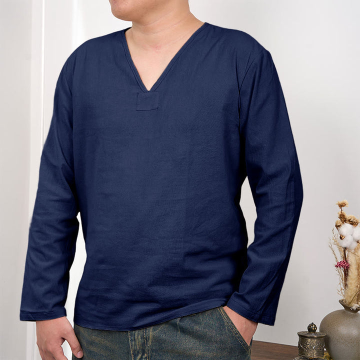 T-shirt homme en coton et lin à manches longues et col en V de couleur unie Buddha Stones