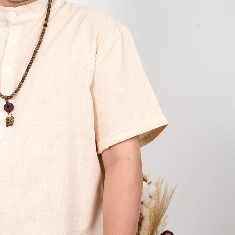 Chemise en coton et lin à manches courtes et demi-boutons pour homme de couleur unie Buddha Stones