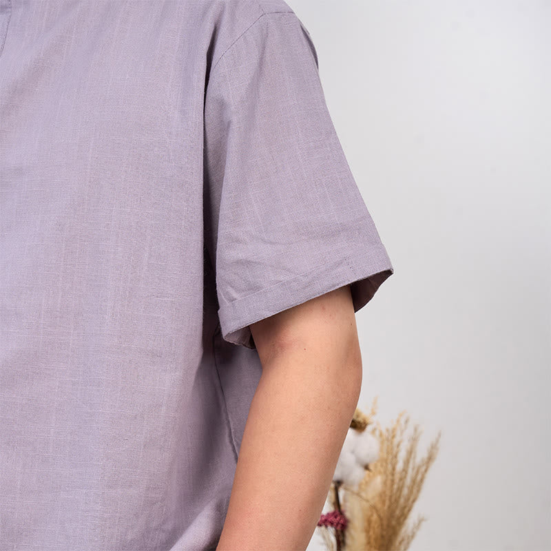 Chemise en coton et lin à manches courtes et demi-boutons pour homme de couleur unie Buddha Stones