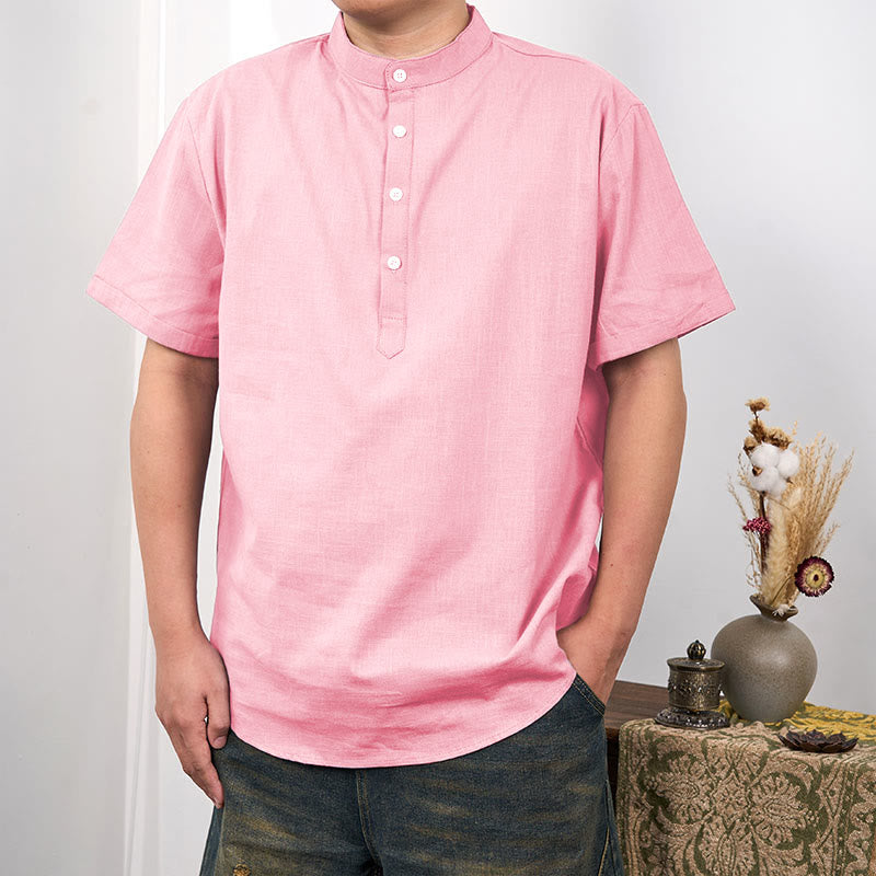 Chemise en coton et lin à manches courtes et demi-boutons pour homme de couleur unie Buddha Stones