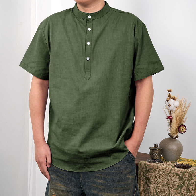 Chemise en coton et lin à manches courtes et demi-boutons pour homme de couleur unie Buddha Stones - Vert olive - US/UK/AU44，EU54 (3XL) - image 10