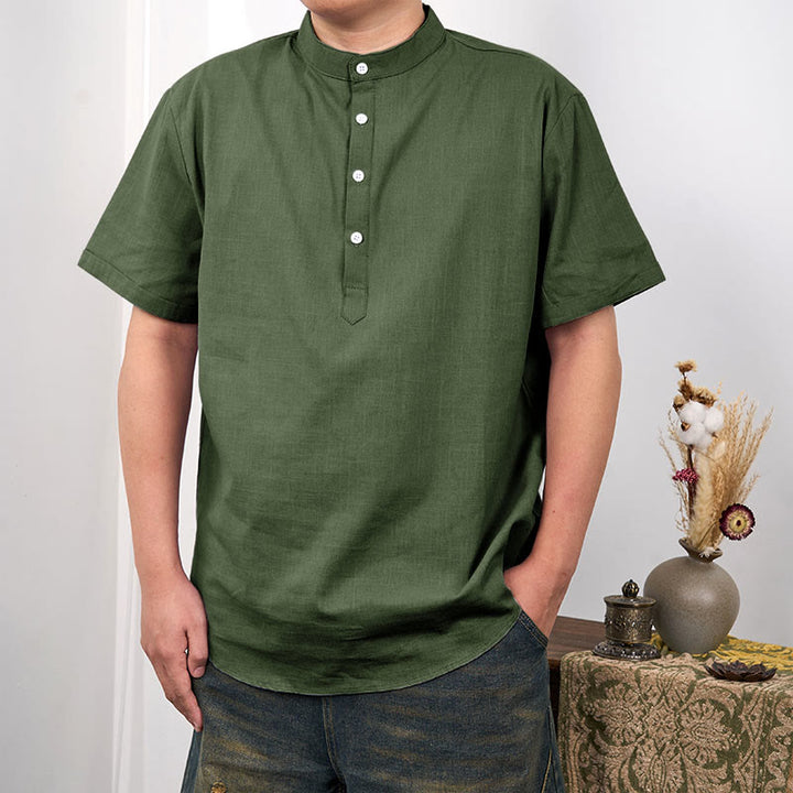 Chemise en coton et lin à manches courtes et demi-boutons pour homme de couleur unie Buddha Stones - Vert olive - US/UK/AU44，EU54 (3XL) - image 10