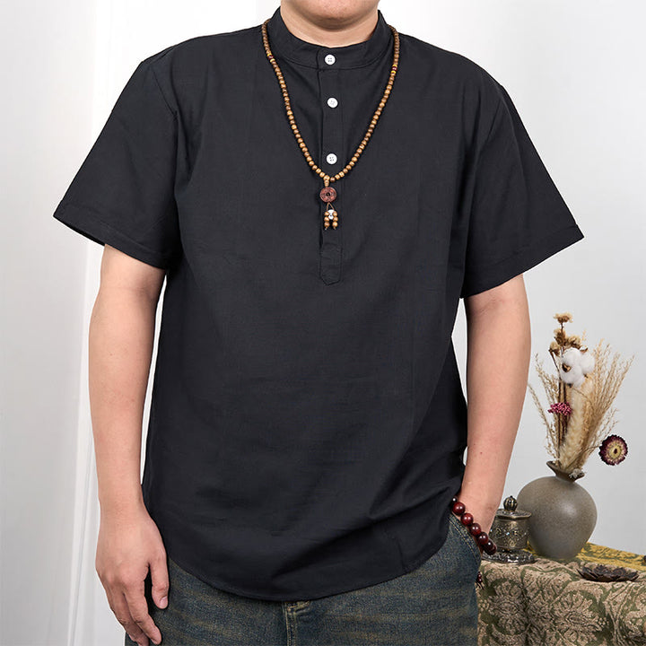 Chemise en coton et lin à manches courtes et demi-boutons pour homme de couleur unie Buddha Stones - Noir - US/UK/AU44，EU54 (3XL) - image 3