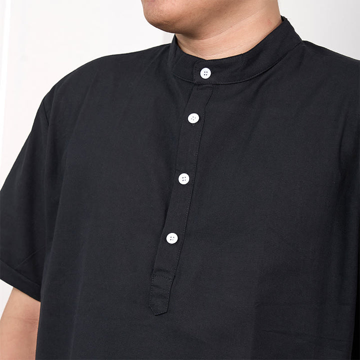 Chemise en coton et lin à manches courtes et demi-boutons pour homme de couleur unie Buddha Stones