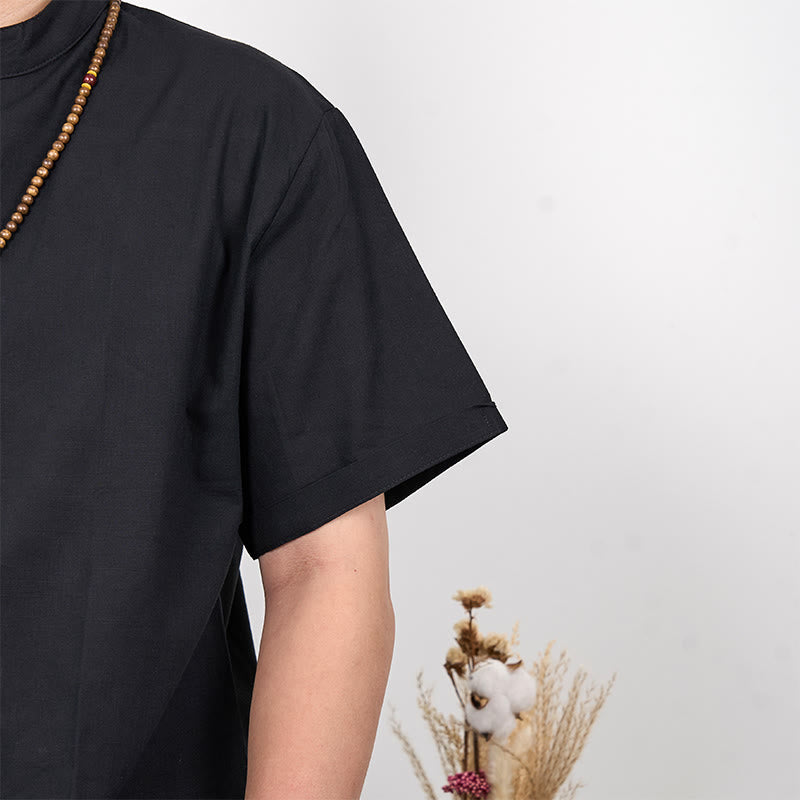 Chemise en coton et lin à manches courtes et demi-boutons pour homme de couleur unie Buddha Stones
