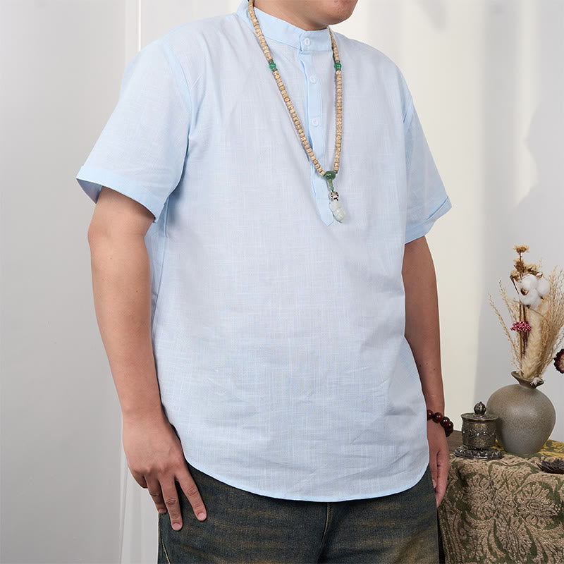 Chemise en coton et lin à manches courtes et demi-boutons pour homme de couleur unie Buddha Stones