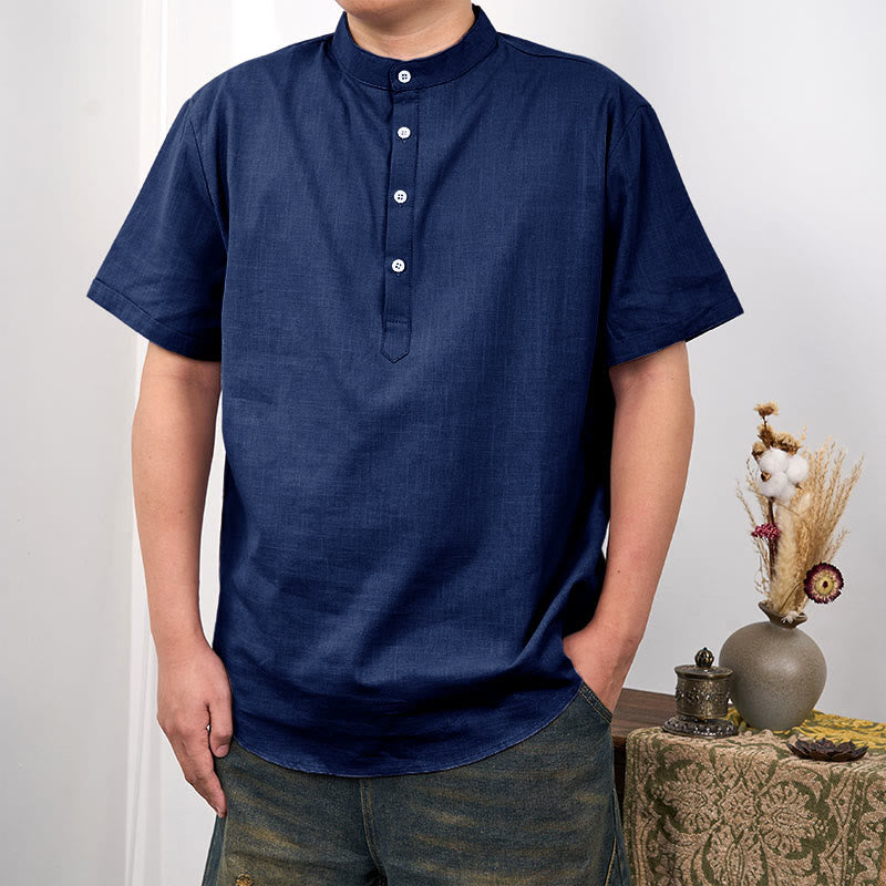 Chemise en coton et lin à manches courtes et demi-boutons pour homme de couleur unie Buddha Stones