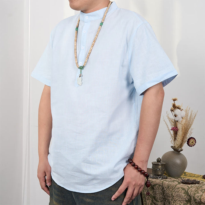 Chemise en coton et lin à manches courtes et demi-boutons pour homme de couleur unie Buddha Stones