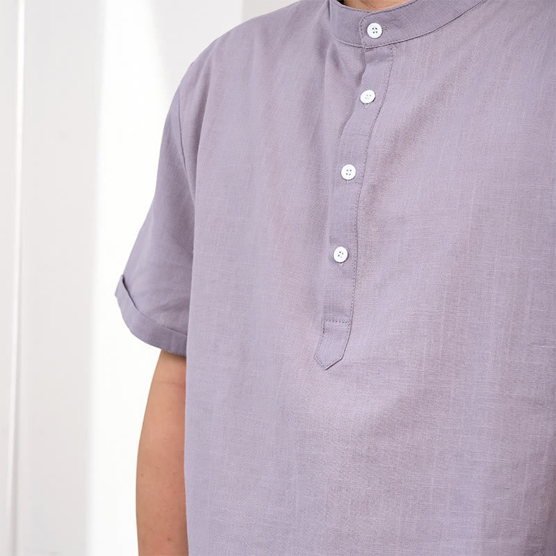 Chemise en coton et lin à manches courtes et demi-boutons pour homme de couleur unie Buddha Stones