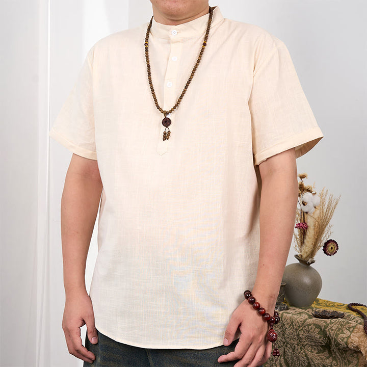Chemise en coton et lin à manches courtes et demi-boutons pour homme de couleur unie Buddha Stones