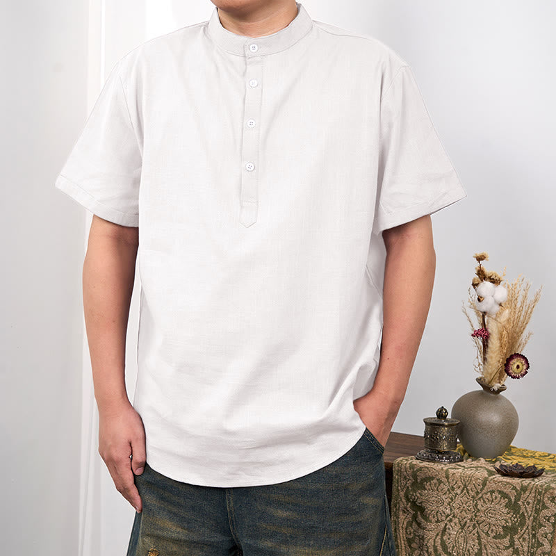 Chemise en coton et lin à manches courtes et demi-boutons pour homme de couleur unie Buddha Stones - Blanc - US/UK/AU44，EU54 (3XL) - image 2