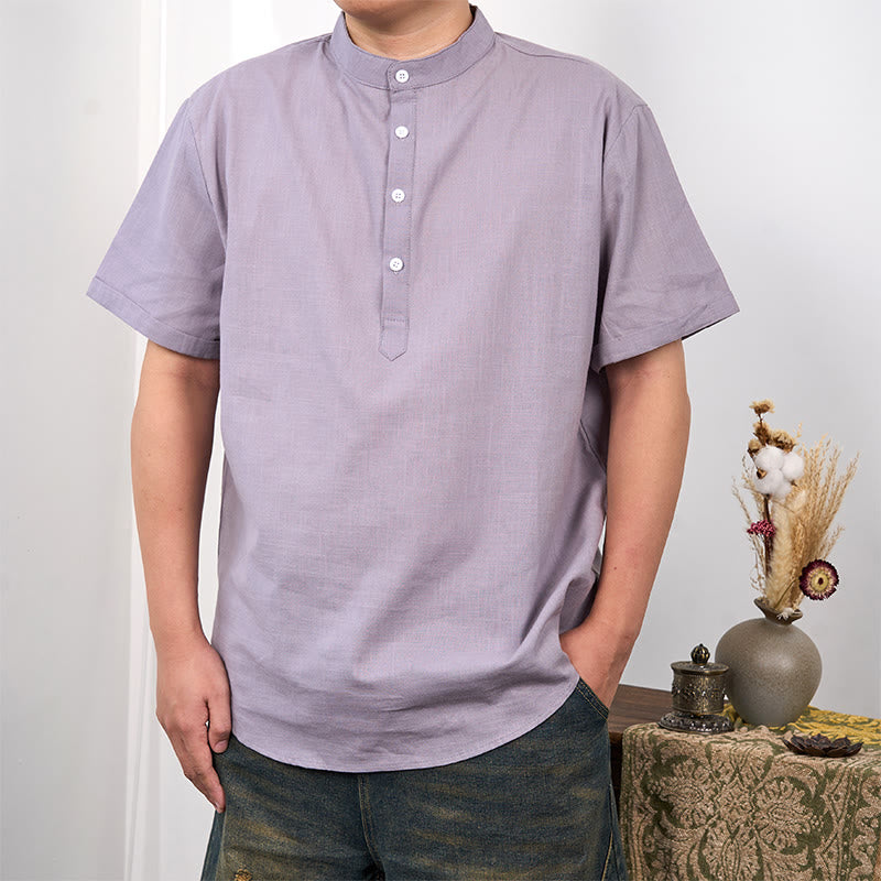Chemise en coton et lin à manches courtes et demi-boutons pour homme de couleur unie Buddha Stones