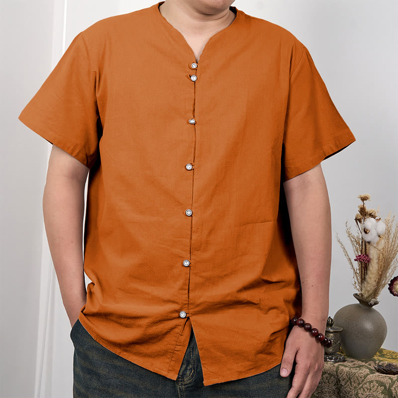 Chemise boutonnée à manches courtes en coton et lin pour homme Buddha Stones