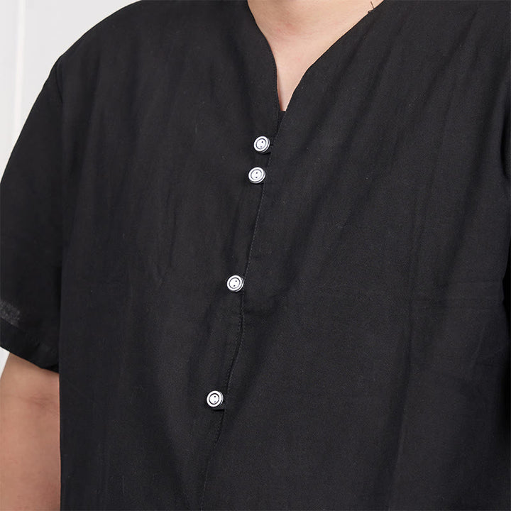 Chemise boutonnée à manches courtes en coton et lin pour homme Buddha Stones