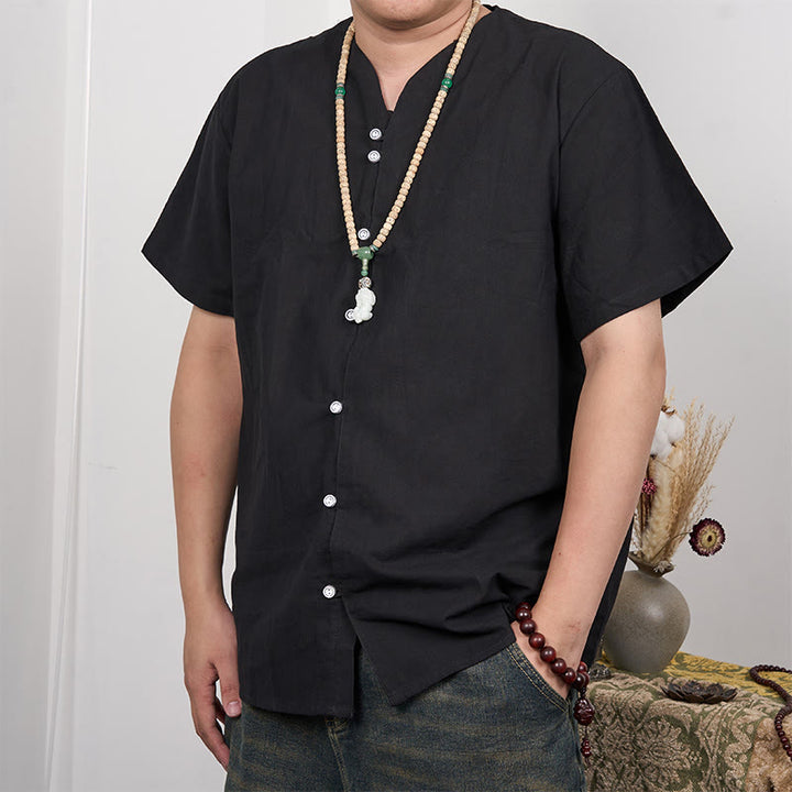 Chemise boutonnée à manches courtes en coton et lin pour homme Buddha Stones