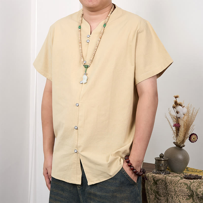Chemise boutonnée à manches courtes en coton et lin pour homme Buddha Stones