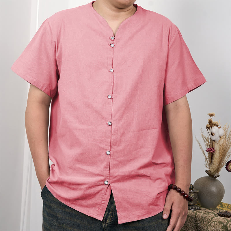 Chemise boutonnée à manches courtes en coton et lin pour homme Buddha Stones
