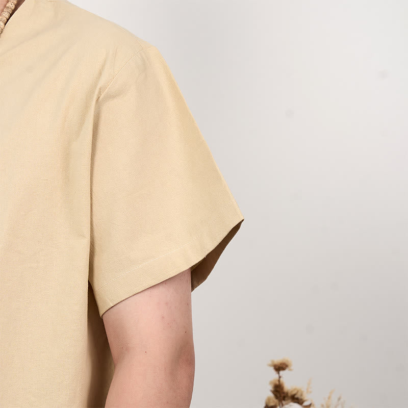 Chemise boutonnée à manches courtes en coton et lin pour homme Buddha Stones