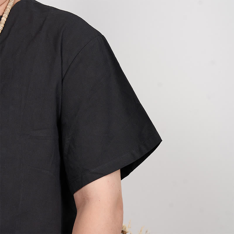Chemise boutonnée à manches courtes en coton et lin pour homme Buddha Stones