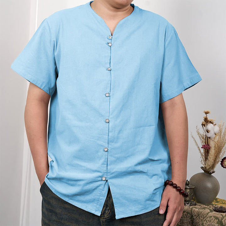 Chemise boutonnée à manches courtes en coton et lin pour homme Buddha Stones