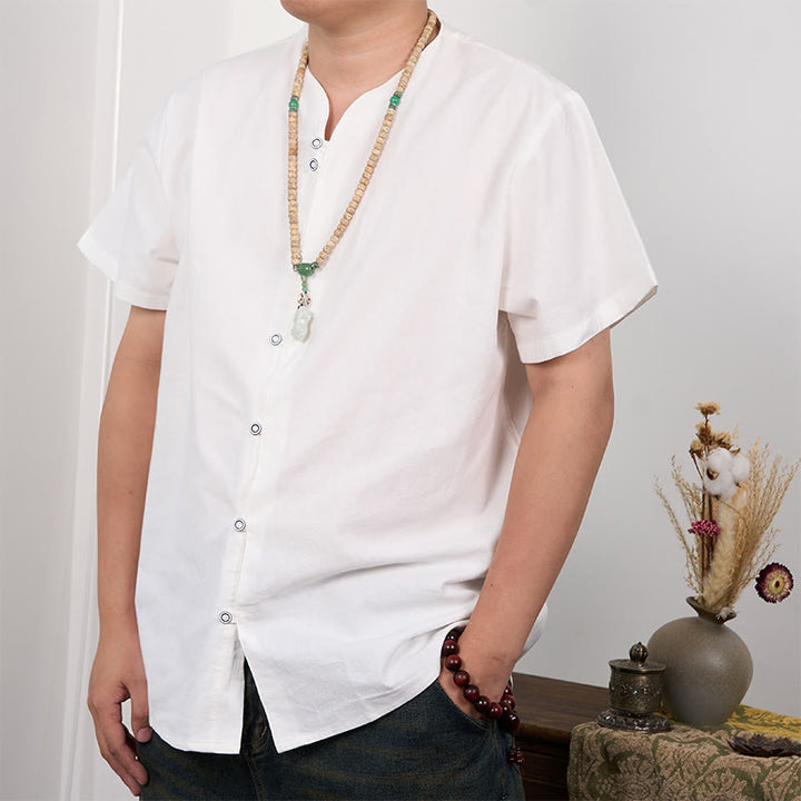 Chemise boutonnée à manches courtes en coton et lin pour homme Buddha Stones