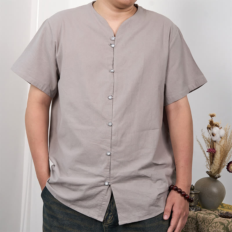 Chemise boutonnée à manches courtes en coton et lin pour homme Buddha Stones