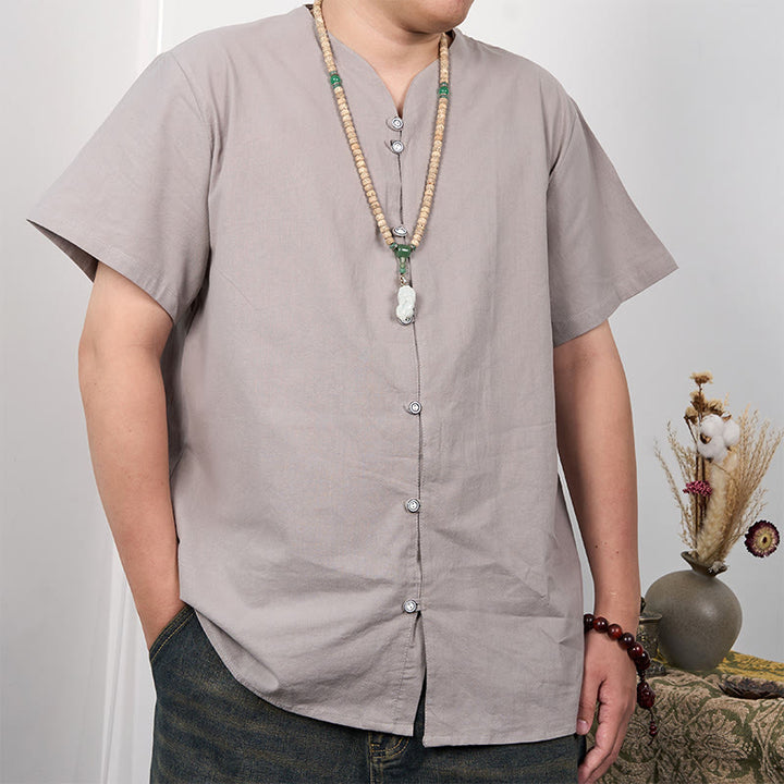 Chemise boutonnée à manches courtes en coton et lin pour homme Buddha Stones