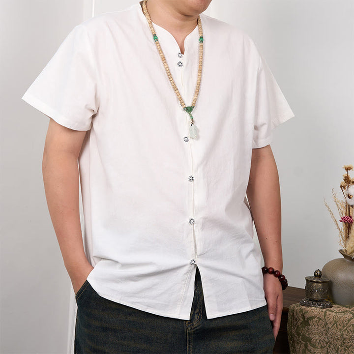 Chemise boutonnée à manches courtes en coton et lin pour homme Buddha Stones