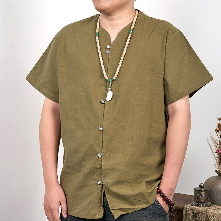 Chemise boutonnée à manches courtes en coton et lin pour homme Buddha Stones