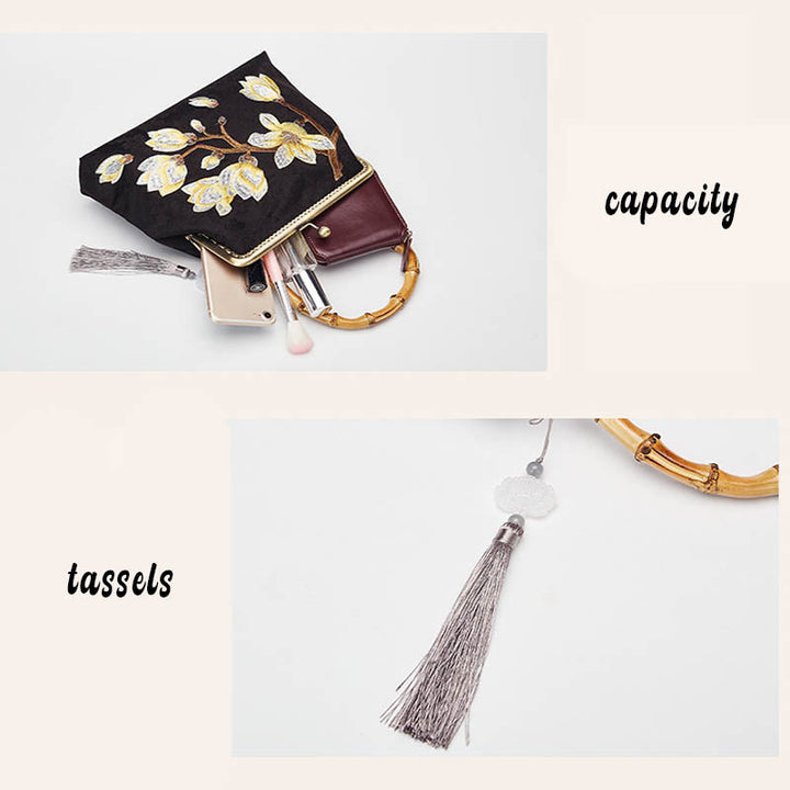 Sac à main à bandoulière avec broderie de fleurs de prunier et Buddha Stones
