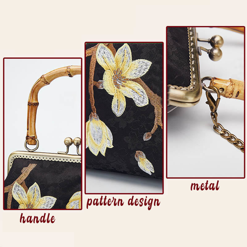 Sac à main à bandoulière avec broderie de fleurs de prunier et Buddha Stones