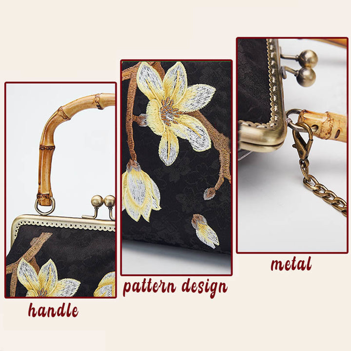 Sac à main à bandoulière avec broderie de fleurs de prunier et Buddha Stones