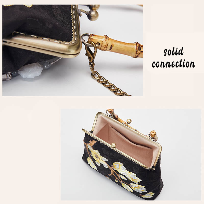 Sac à main à bandoulière avec broderie de fleurs de prunier et Buddha Stones