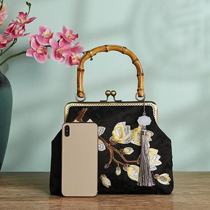 Sac à main à bandoulière avec broderie de fleurs de prunier et Buddha Stones