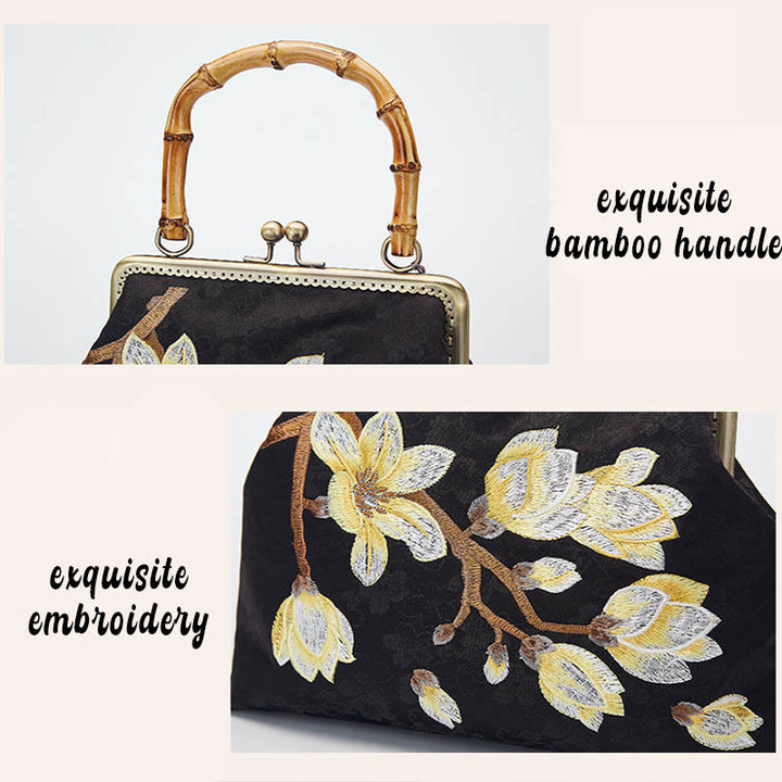 Sac à main à bandoulière avec broderie de fleurs de prunier et Buddha Stones