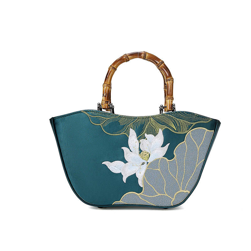 Sac à main avec poignée en bambou et broderie de Buddha Stones et de lotus