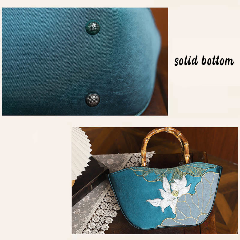 Sac à main avec poignée en bambou et broderie de Buddha Stones et de lotus