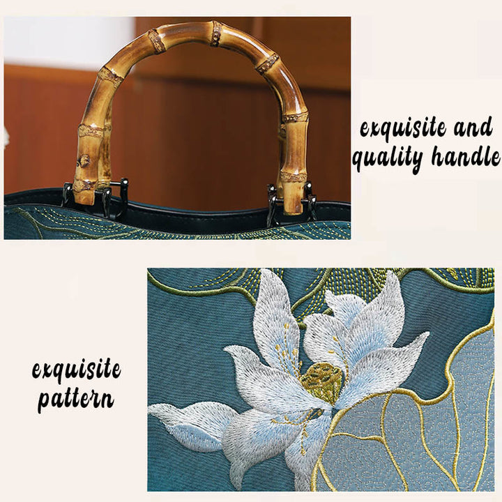 Sac à main avec poignée en bambou et broderie de Buddha Stones et de lotus