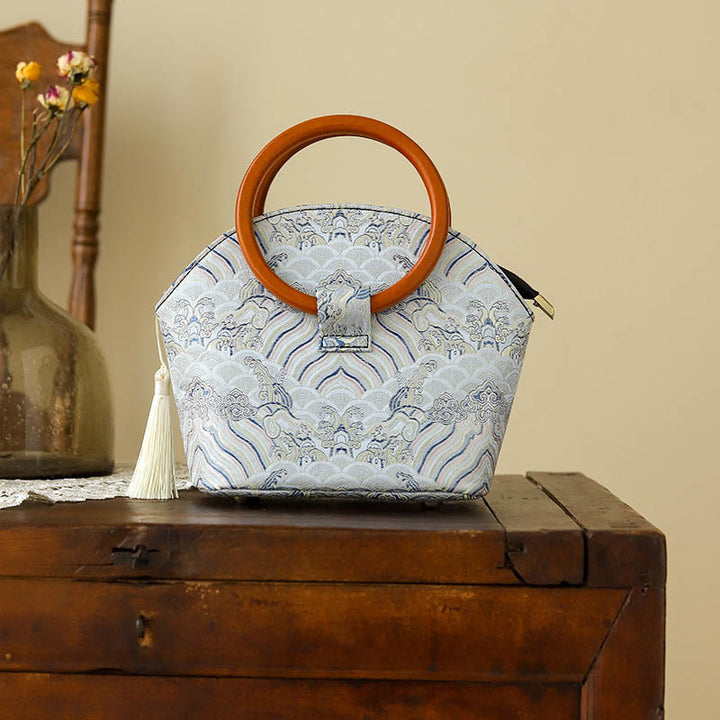 Sac à main à imprimé coquillages et nuages de bon augure avec Buddha Stones