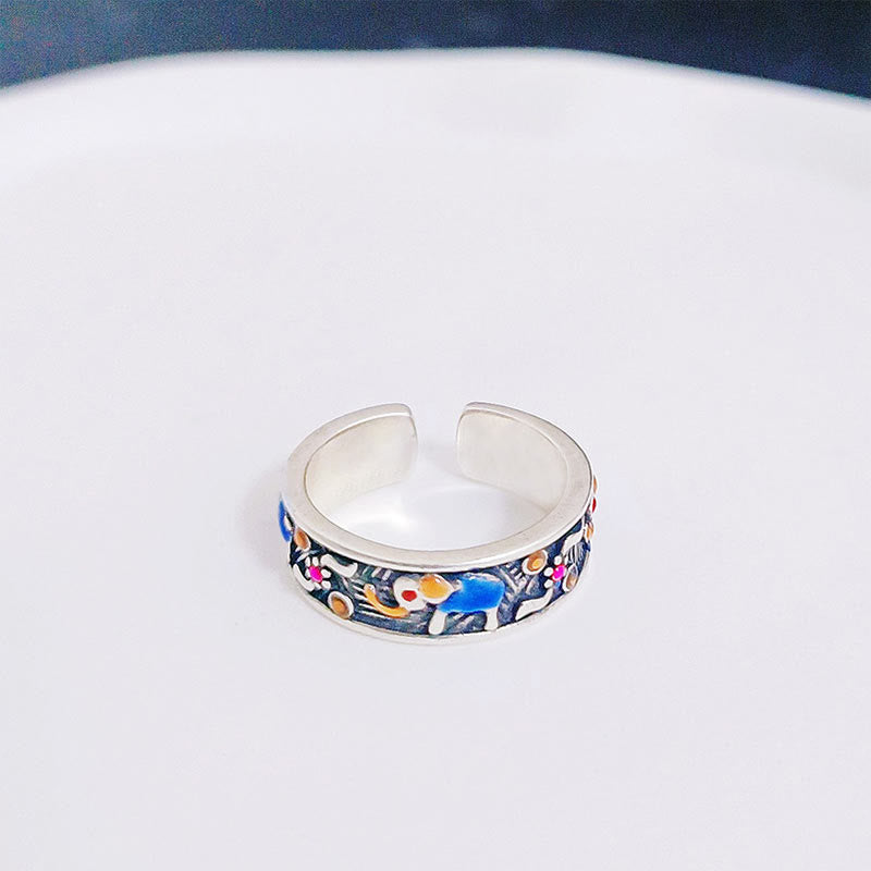 Bague ajustable en Buddha Stones sculptée en forme d'éléphant coloré