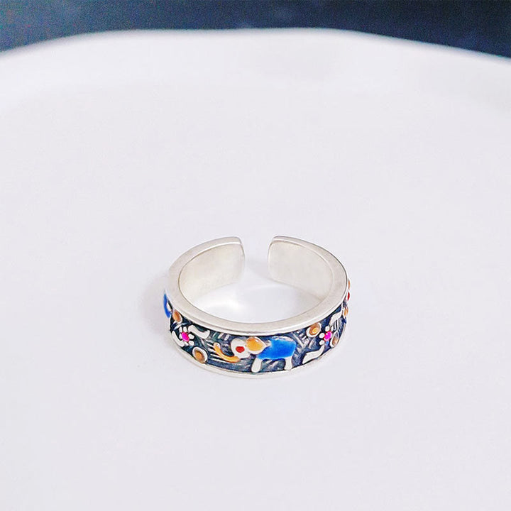 Bague ajustable en Buddha Stones sculptée en forme d'éléphant coloré