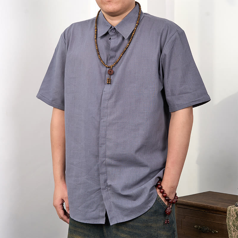 Chemise décontractée en coton et lin à manches courtes et boutons pour homme Buddha Stones - Gris foncé - US/UK/AU44，EU54 (3XL) - image 0
