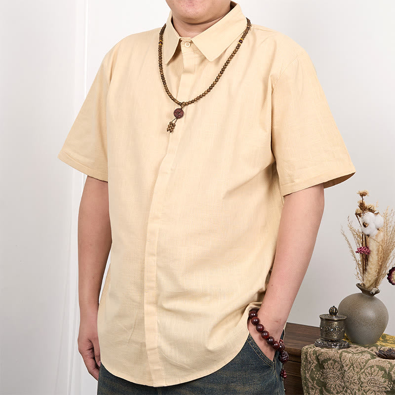 Chemise décontractée en coton et lin à manches courtes et boutons pour homme Buddha Stones - Blé - US/UK/AU44，EU54 (3XL) - image 6