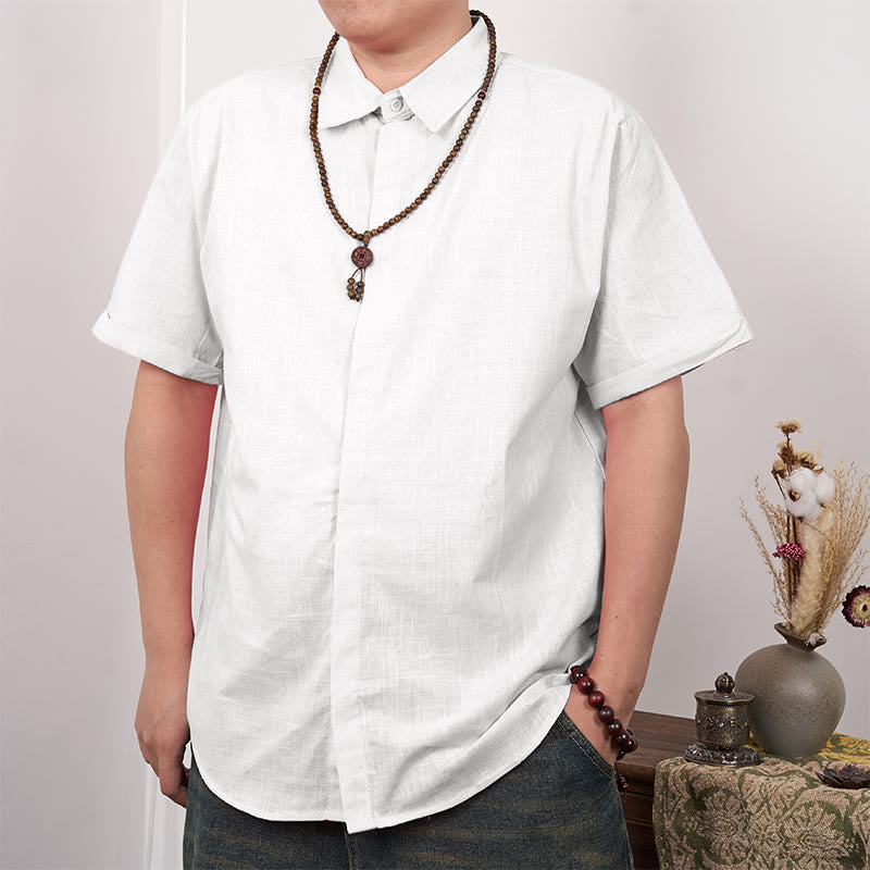 Chemise décontractée en coton et lin à manches courtes et boutons pour homme Buddha Stones - Blanc - US/UK/AU44，EU54 (3XL) - image 1