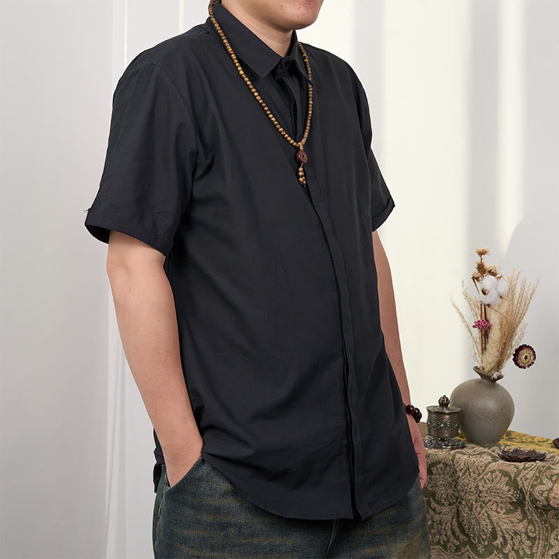 Chemise décontractée en coton et lin à manches courtes et boutons pour homme Buddha Stones - image 3