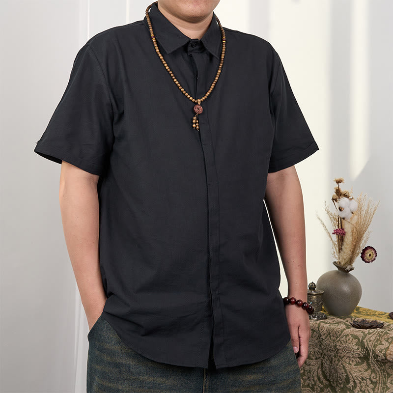 Chemise décontractée en coton et lin à manches courtes et boutons pour homme Buddha Stones - Noir - US/UK/AU44，EU54 (3XL) - image 2