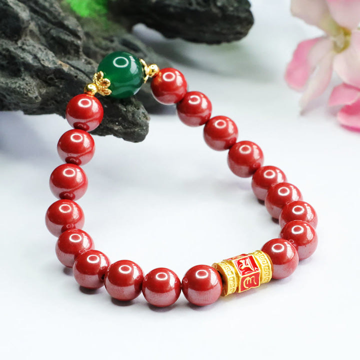 Bracelet de bénédiction en agate verte cinabre naturelle Buddha Stones et motif Om Mani Padme Hum